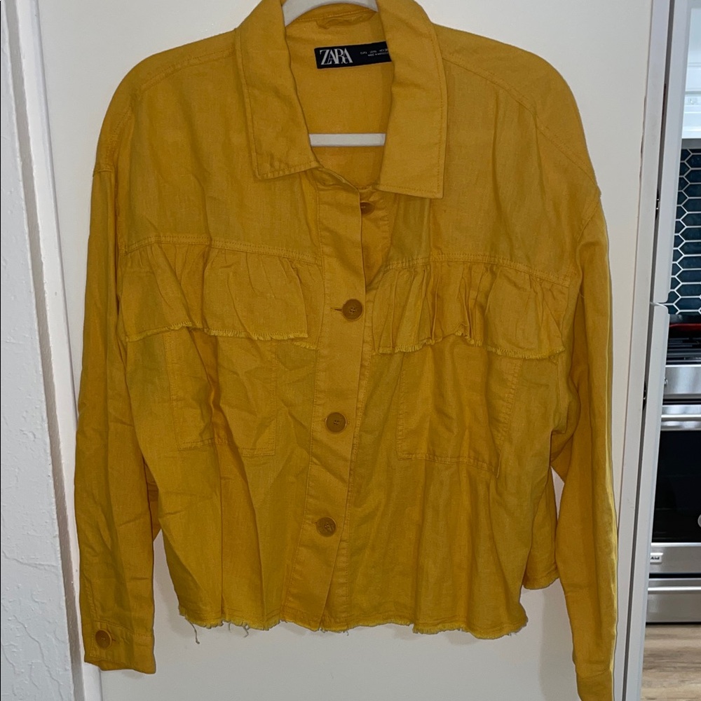 Zara Golden Yellow Ruffled Button-Up Jacket Top linen Blend ~ L